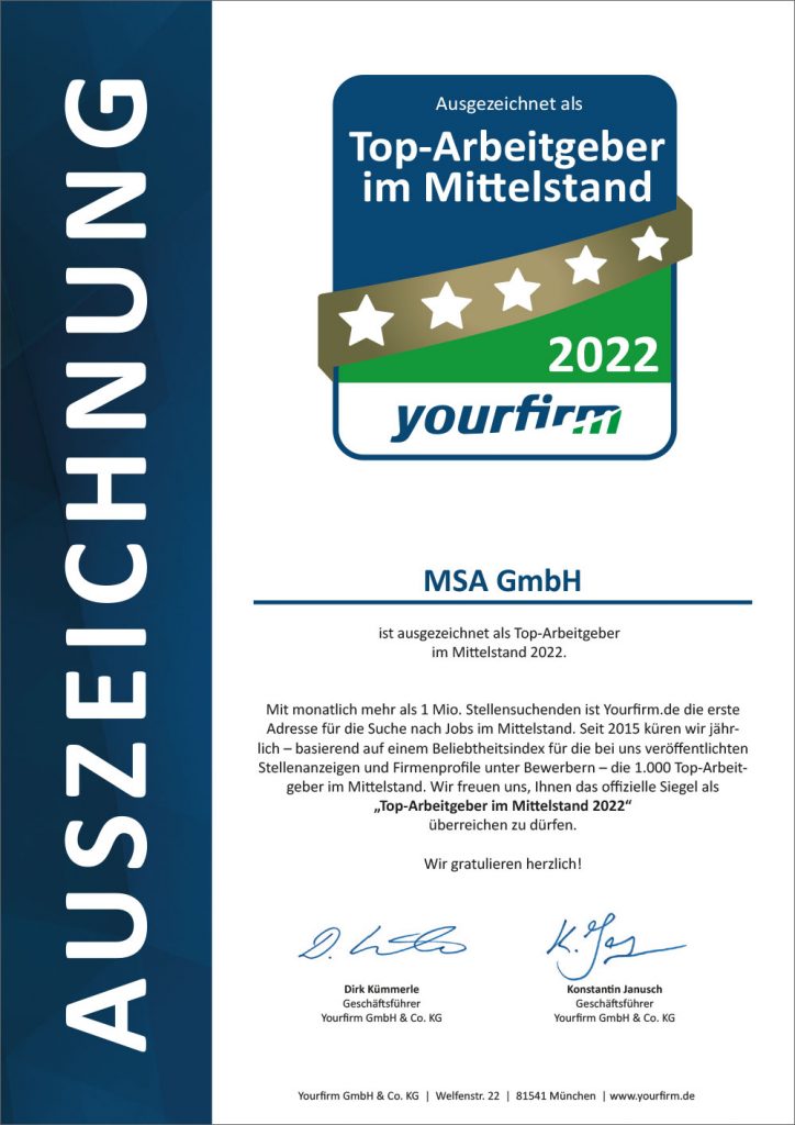 Urkunde Top Arbeitgeber 2022 MSA GmbH