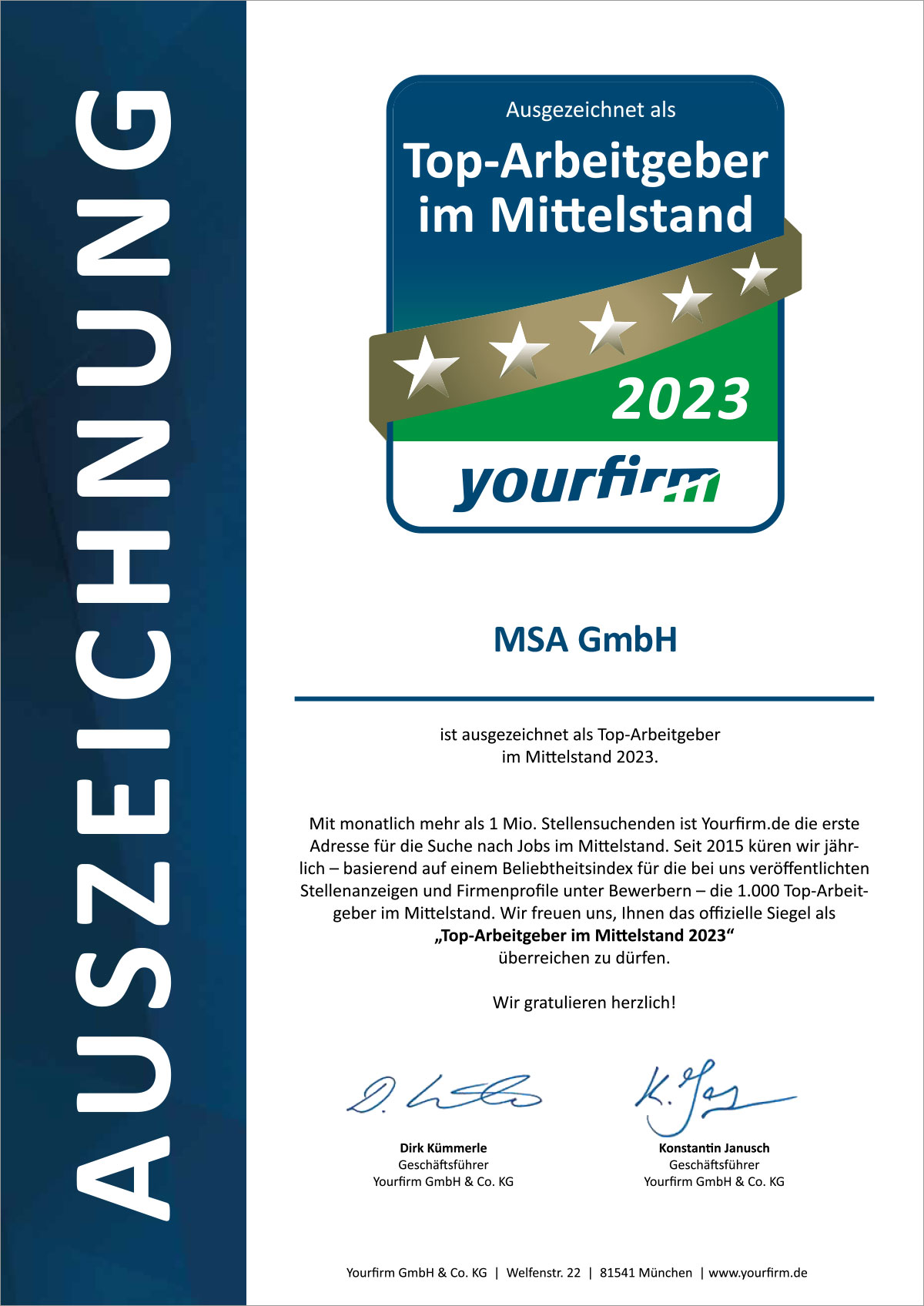 Urkunde Top Arbeitgeber 2023 MSA GmbH 1